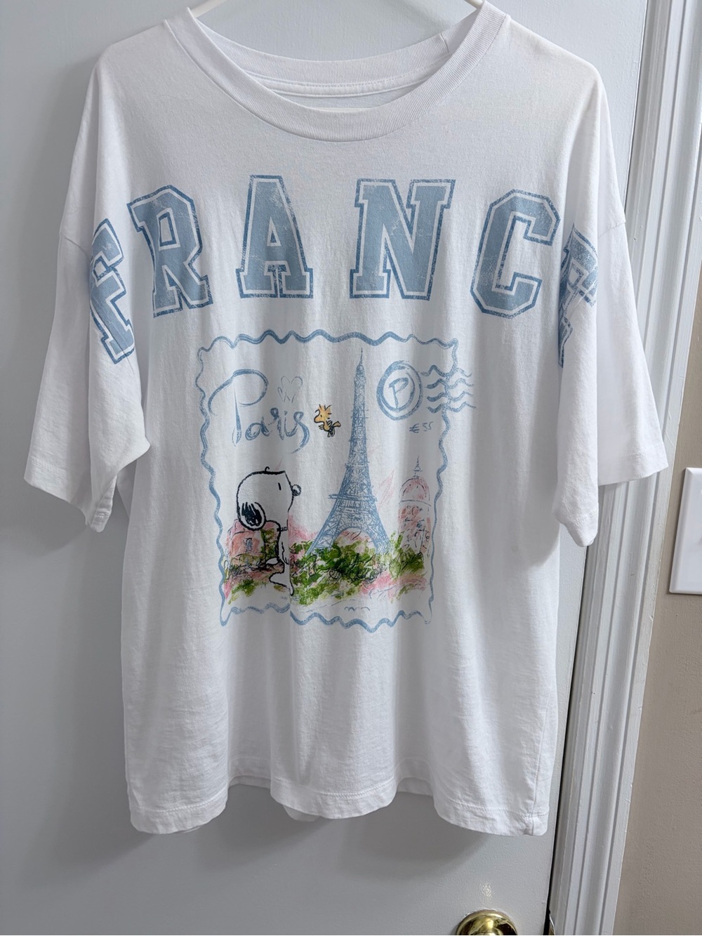 Peanuts White Tee with Light Blue & Pastel Paris Print